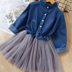 Fashion Style Denim Long-Sleeve Mesh Skirt Girls Sets