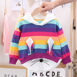 Girl Striped Rainbow Cartoon Hooded Sweatshirt Pullover