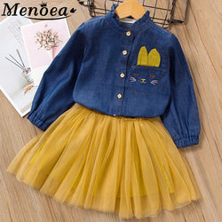 Fashion Style Denim Long-Sleeve Mesh Skirt Girls Sets