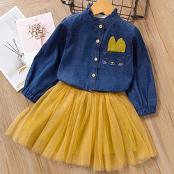 Fashion Style Denim Long-Sleeve Mesh Skirt Girls Sets