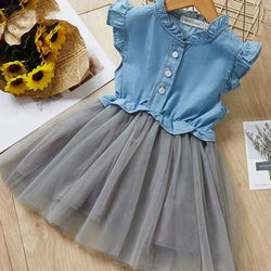 Fashion Style Denim Long-Sleeve Mesh Skirt Girls Sets