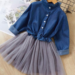 Fashion Style Denim Long-Sleeve Mesh Skirt Girls Sets