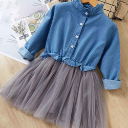 Fashion Style Denim Long-Sleeve Mesh Skirt Girls Sets