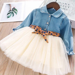 Fashion Style Denim Long-Sleeve Mesh Skirt Girls Sets